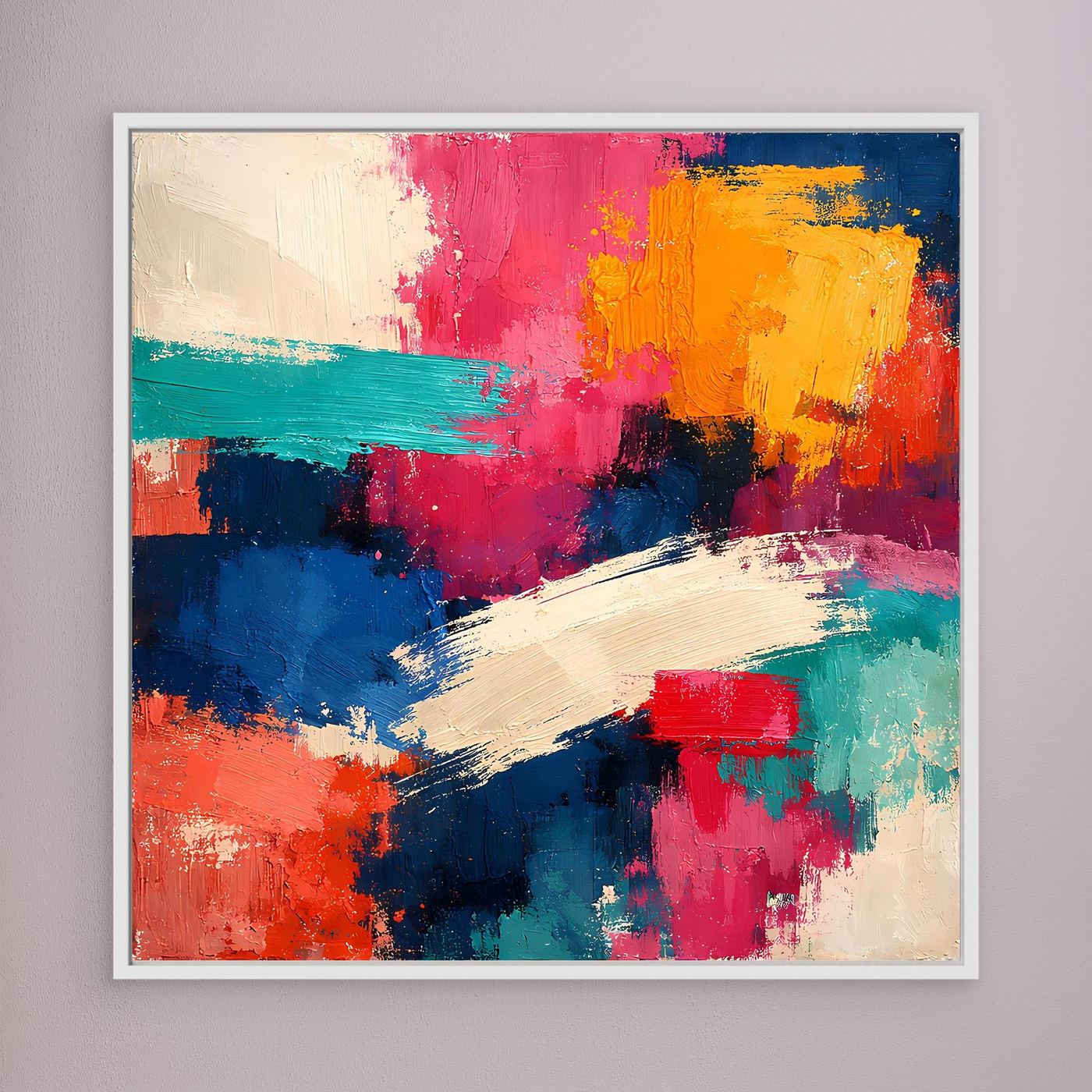 Abstraktes Leinwand-Wandbild mit bunten Farbflächen in Pink, Gelb, Blau, im weißen Rahmen