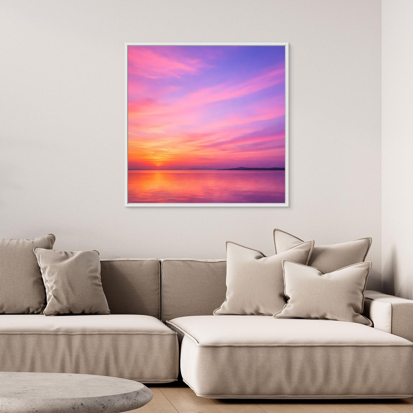 Leinwandbild Pastel Sunset: Pastell-Sonnenuntergang am Meer, quadratisch, ohne Rahmen