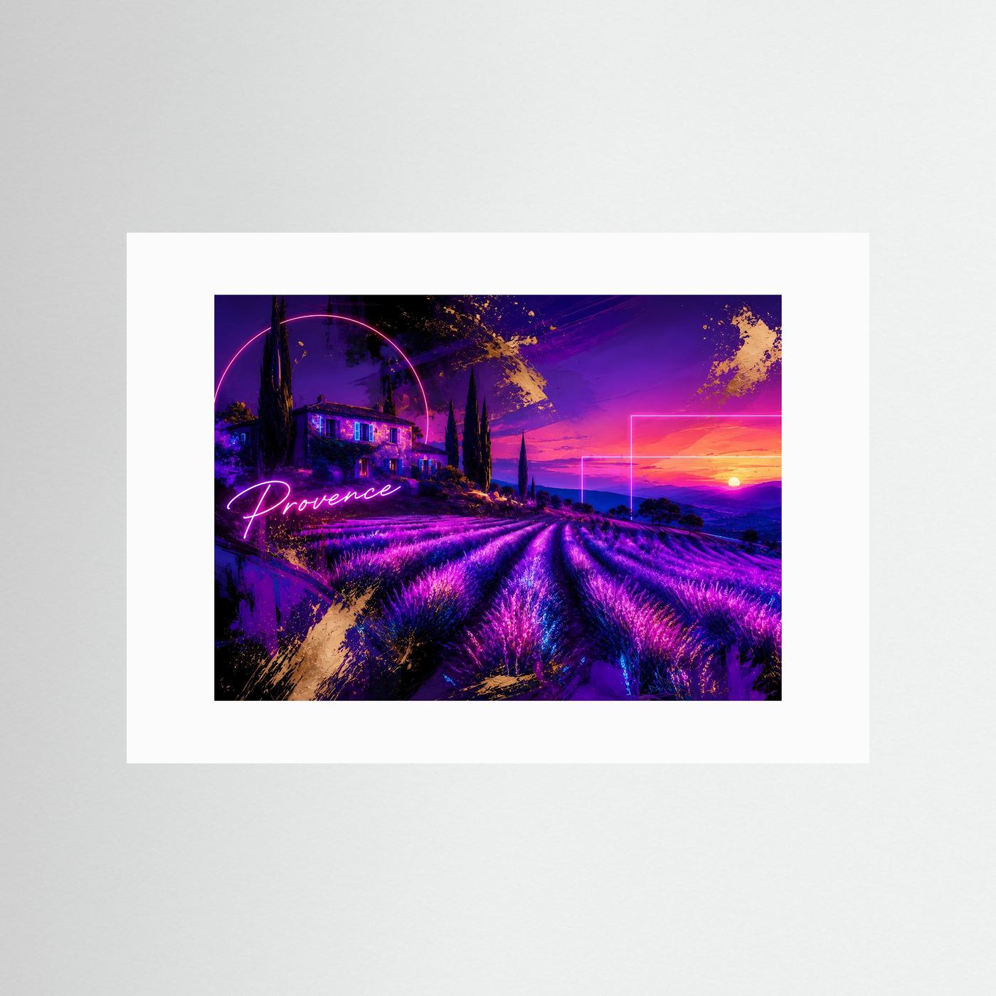 Provence Lavendelfeld Neon Poster | Futuristische Landschaft | Lavendel Sonnenuntergang | Moderne Wandkunst | Fine Art Print