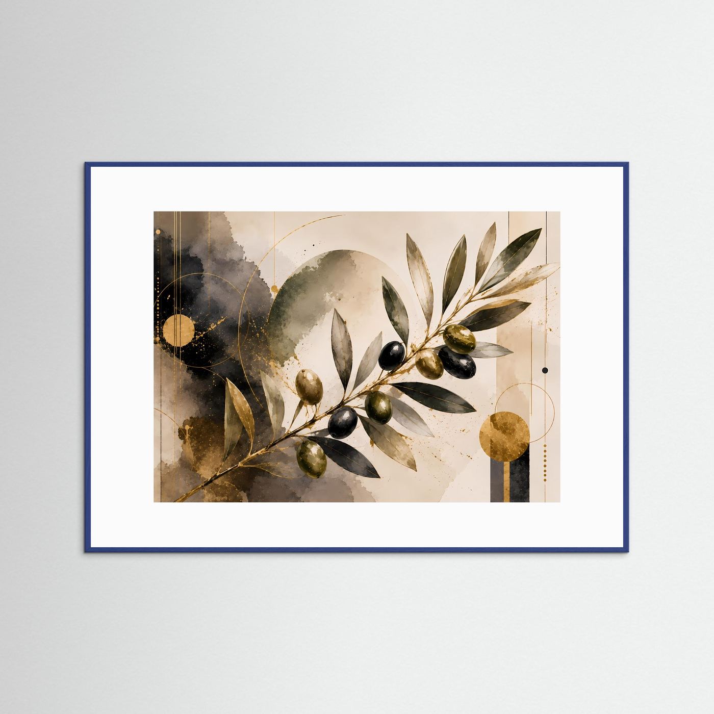 Gerahmtes Poster mit Olivenzweigen in Schwarz und Gold, Querformat, blauer Rahmen