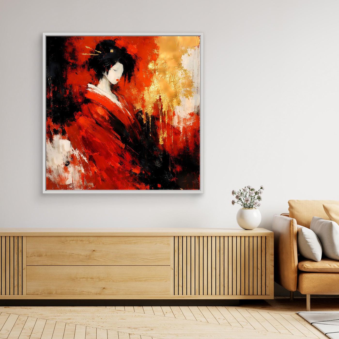 Leinwand Elegante Geisha im Roten Kimono | Abstraktes Asiatisches Wandbild Moderne Kunst