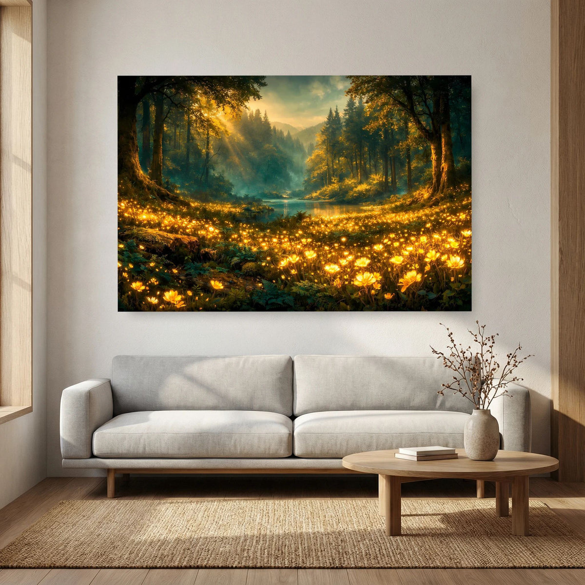 Wandbild im Querformat mit goldenem Waldtal im Morgenlicht, Fluss und Lichterreihen