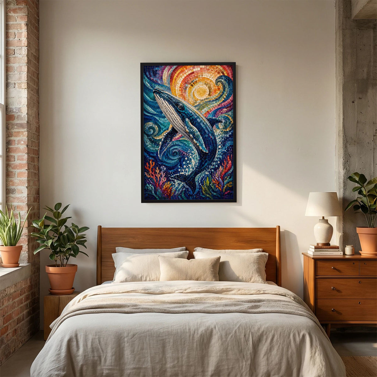 Poster im schwarzen Rahmen mit Delfin-Mosaik, Sonne und Korallen im Meer