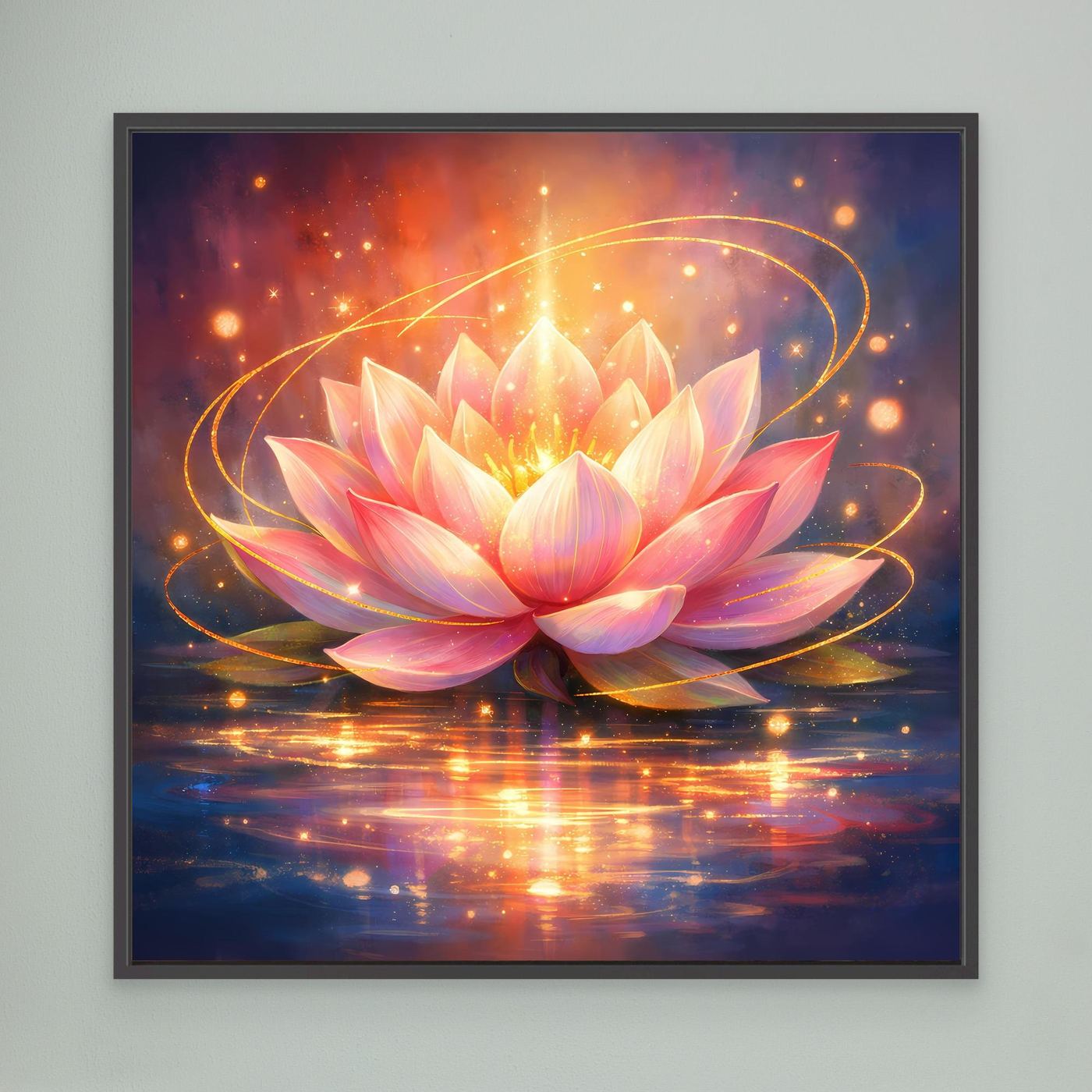 Gerahmtes Leinwandbild mit leuchtender Lotusblüte in Rosa und Gold, mit schwarzem Rahmen