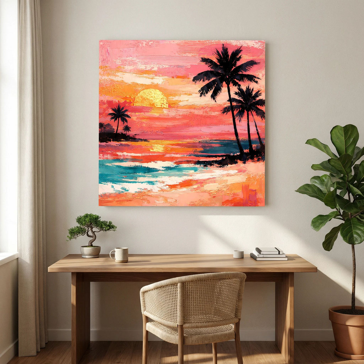 Quadratisches Leinwand-Wandbild mit Palmen, Meer und abstrakten Sonnenuntergangsverläufen.