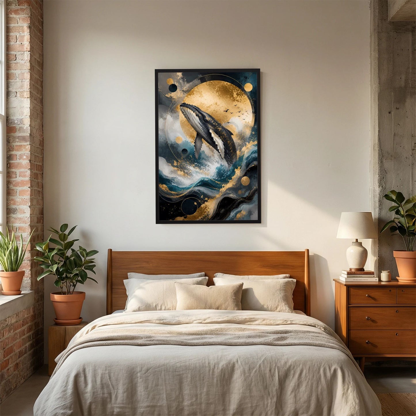 Buckelwal-Kunstposter im Hochformat mit schwarzem Rahmen, abstrakter Mond und Meer