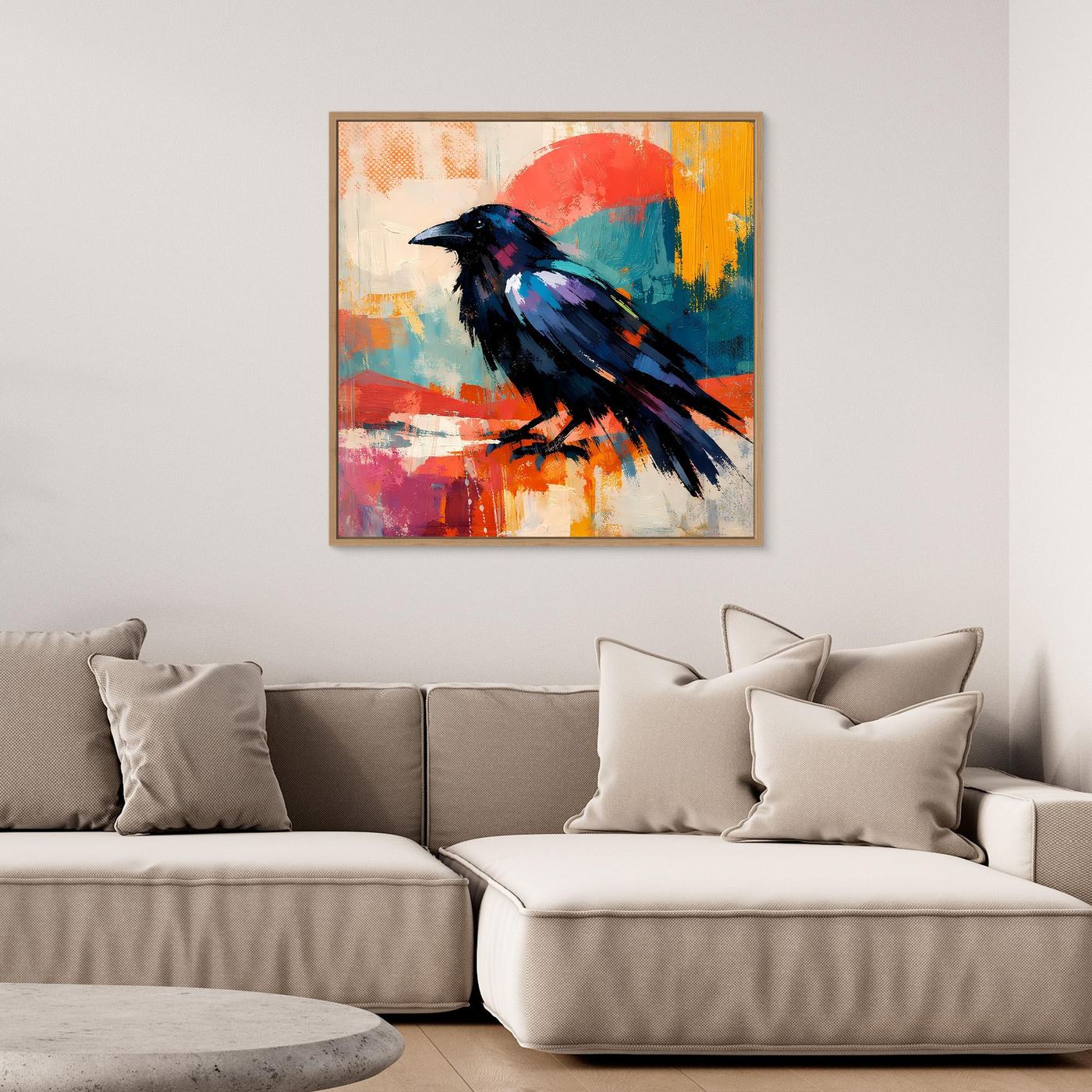 Framed abstract raven bird canvas wall art with blue, red, orange and white strokes