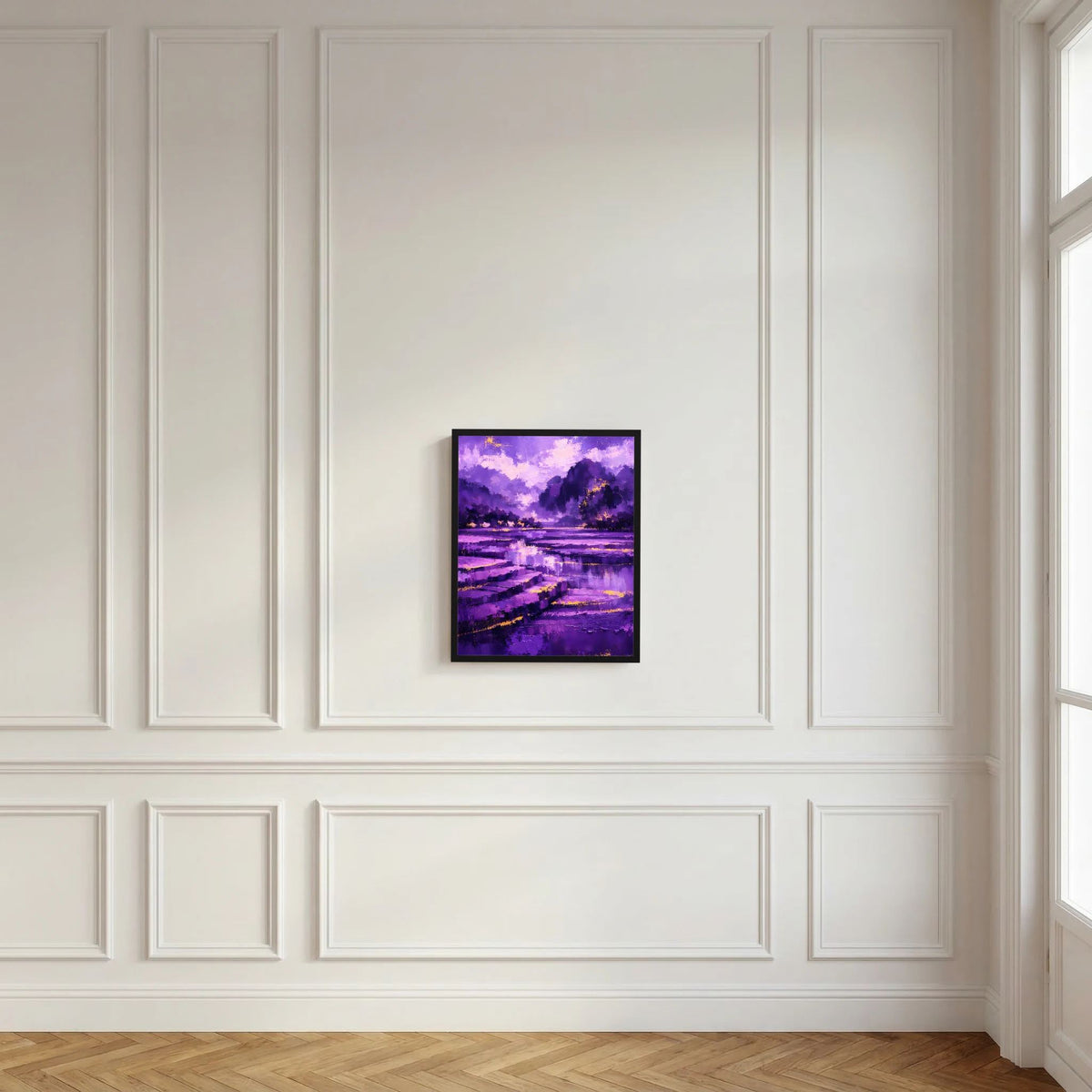 Schwarz gerahmtes Hochformat-Poster mit violetter abstrakter Berg- und Flusslandschaft