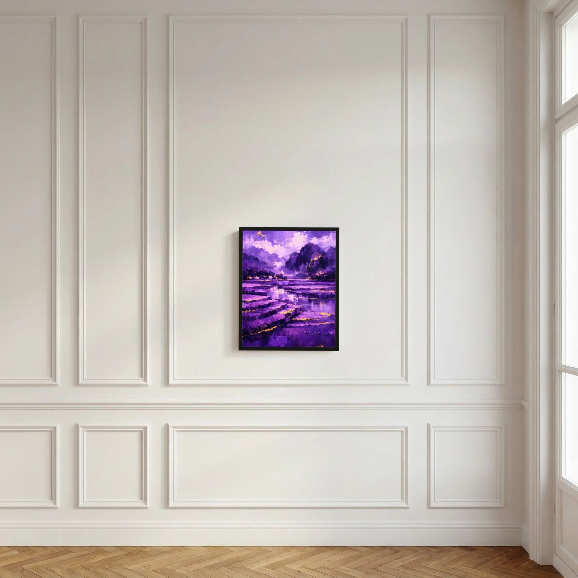 Schwarz gerahmtes Hochformat-Poster mit violetter abstrakter Berg- und Flusslandschaft