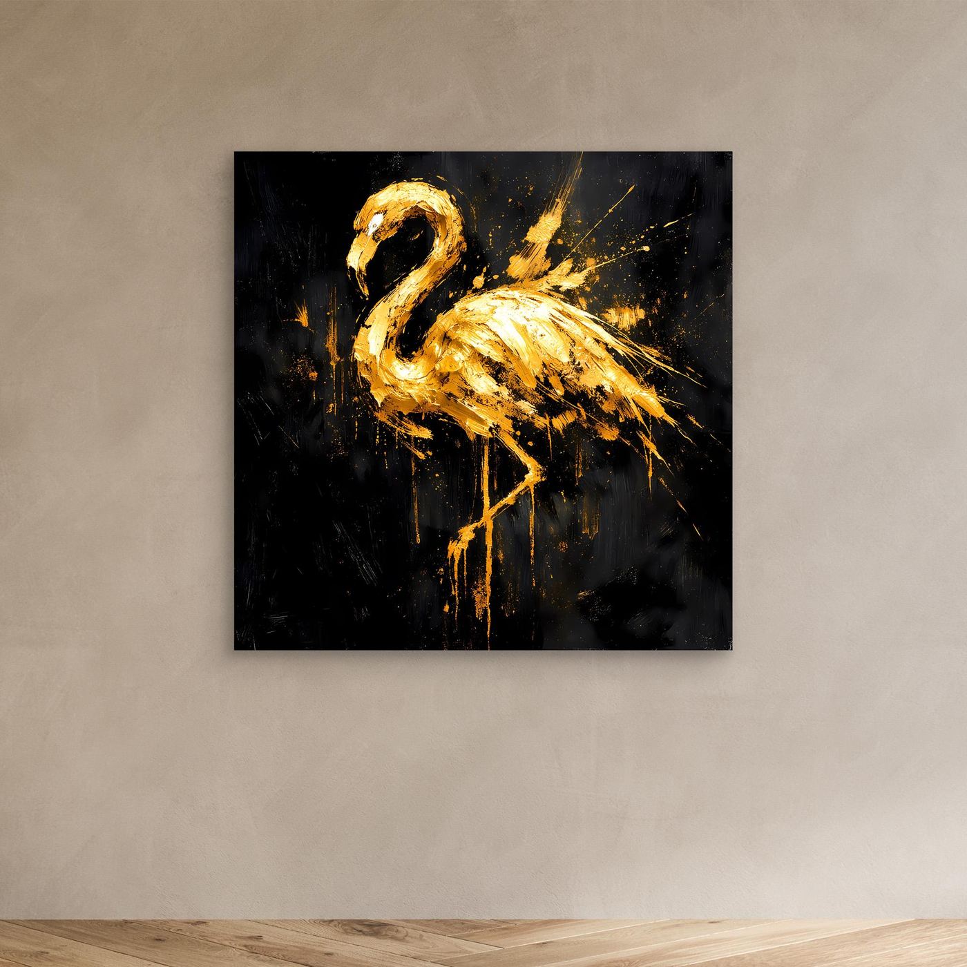 Leinwand Goldener Flamingo auf Schwarz | Abstraktes Modernes Tier Wandbild Kunst