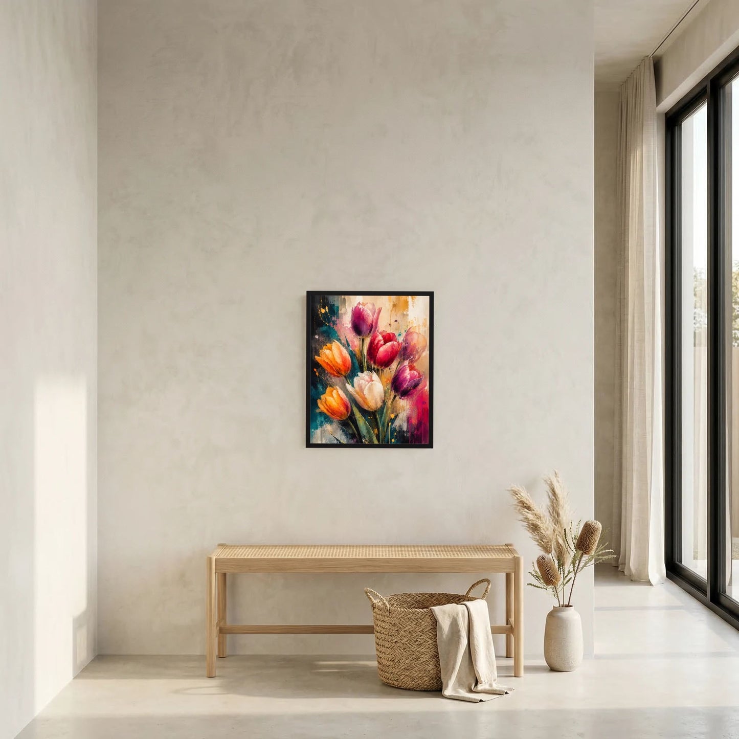 Gerahmtes abstraktes Tulpen-Kunstposter mit bunten Blüten in Pink, Orange und Violett