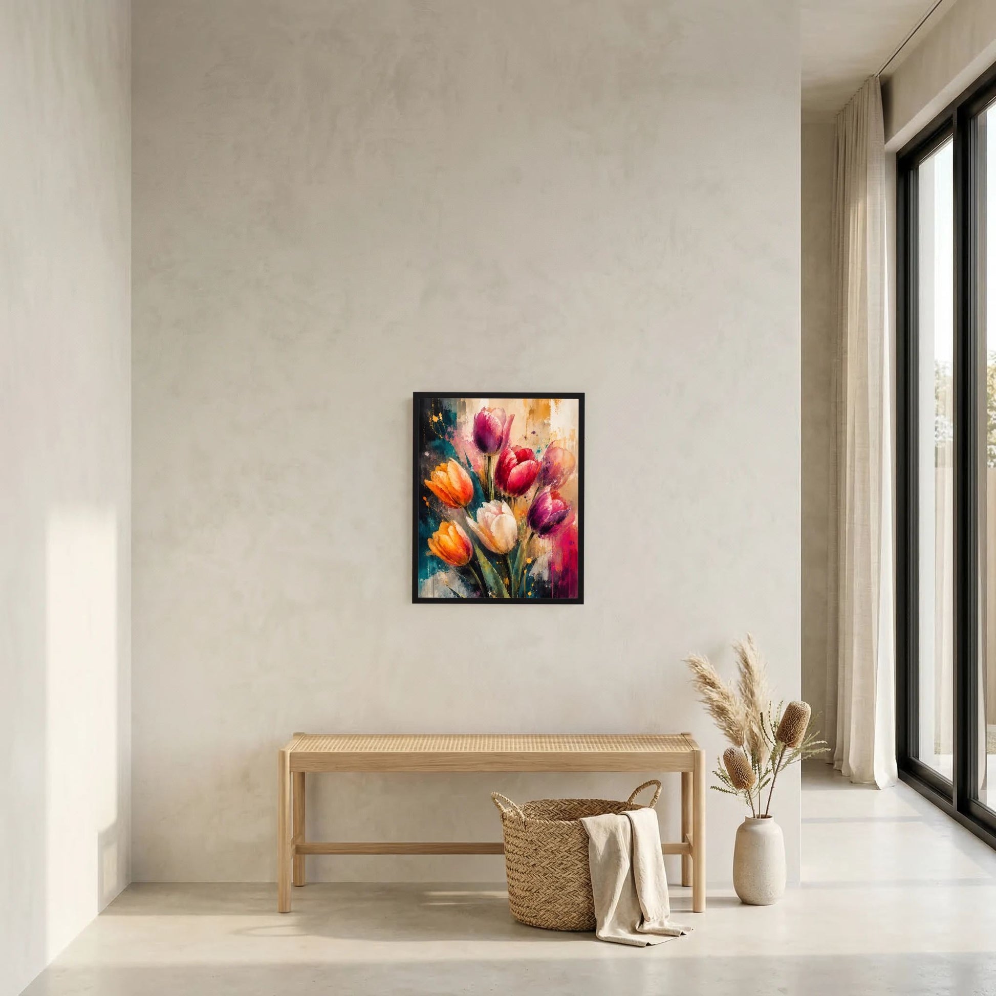 Gerahmtes abstraktes Tulpen-Kunstposter mit bunten Blüten in Pink, Orange und Violett