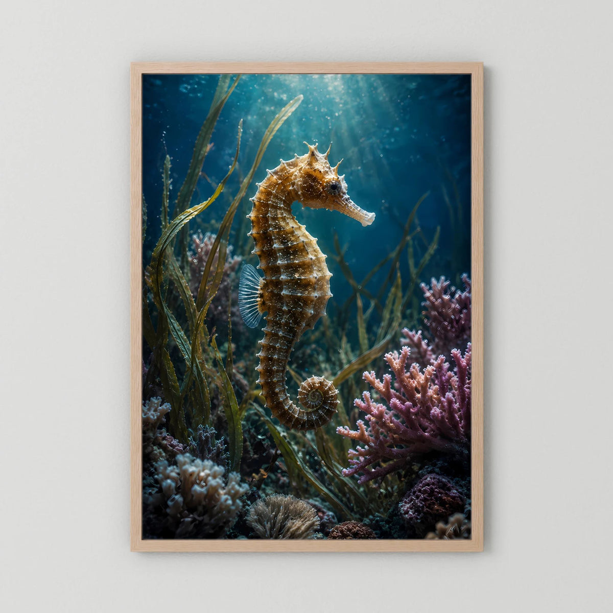 Poster im Hochformat mit Seepferdchen im Korallenriff, Holzrahmen hellbraun