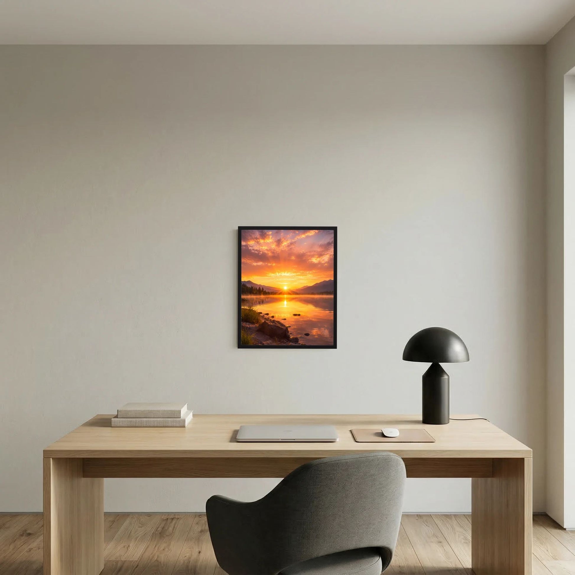 Gerahmtes Poster im Hochformat mit Sonnenuntergang am Bergsee, Sonne am Horizont