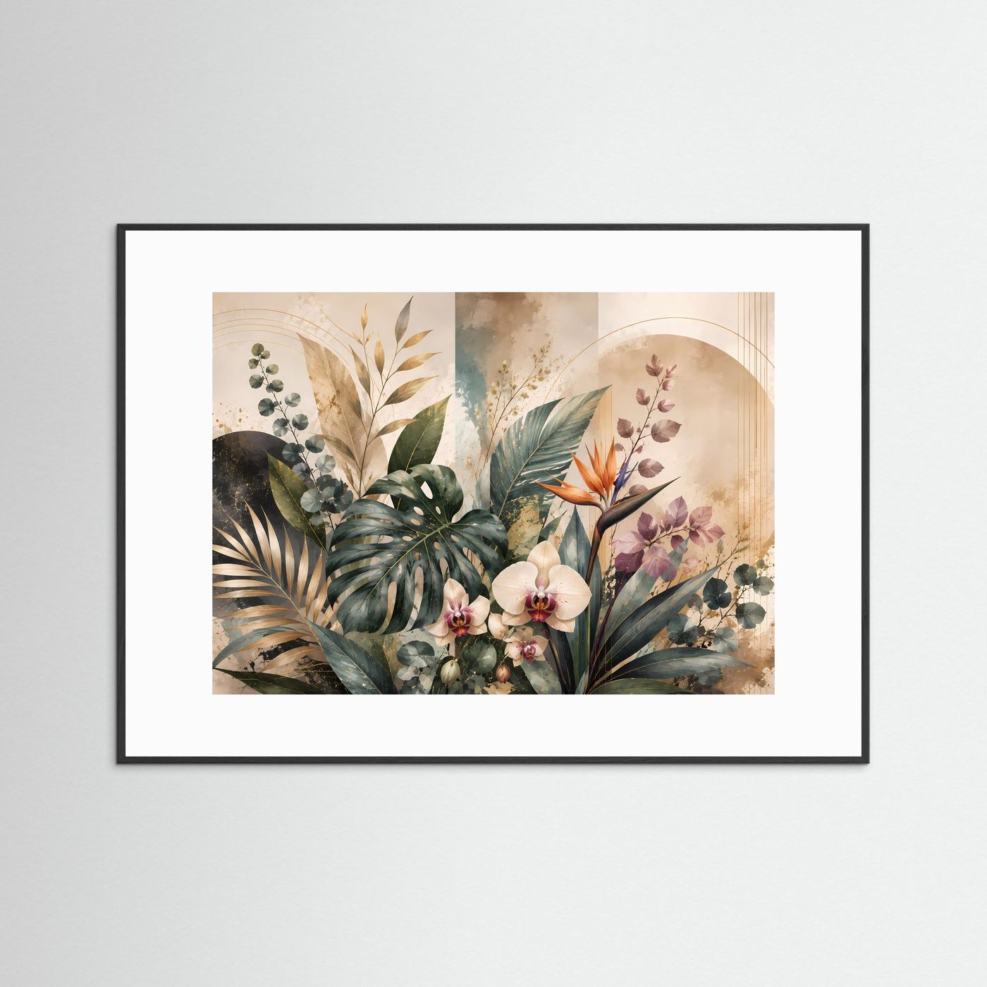 Botanisches Querformat-Poster mit tropischen Blättern und Orchideen, schwarzer Rahmen
