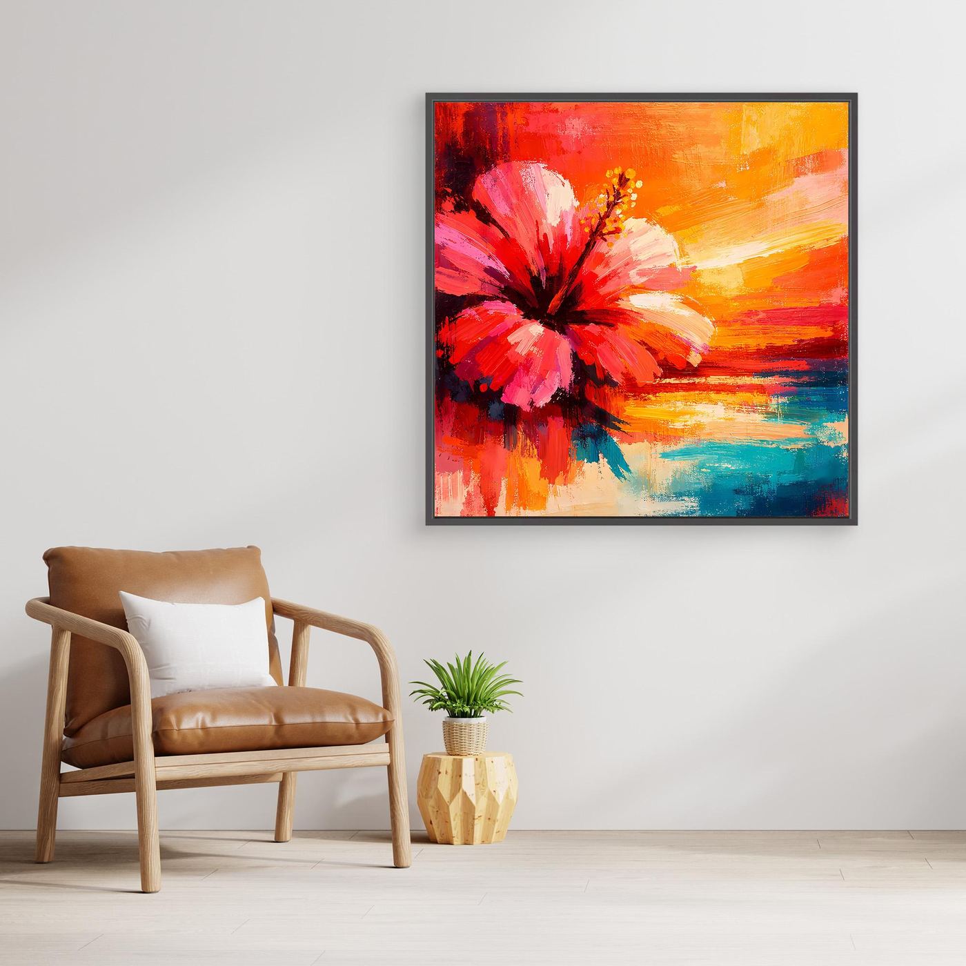 Leinwand Abstraktes Hibiskusblütenbild am Meer | Modernes Küsten Wandbild Bunt