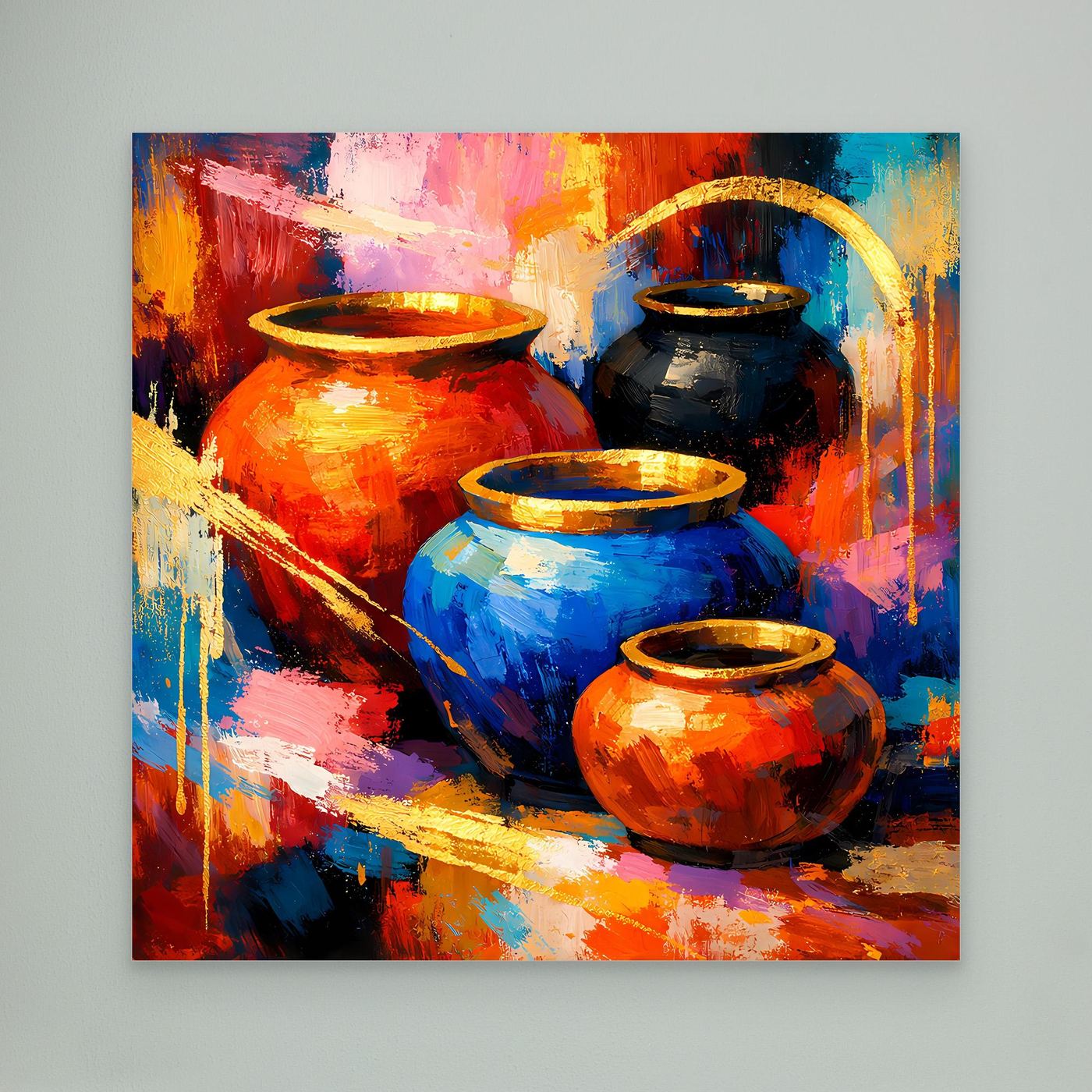 Leinwandbild mit abstraktem Stillleben: Keramikvasen in Orange, Blau und Rot.