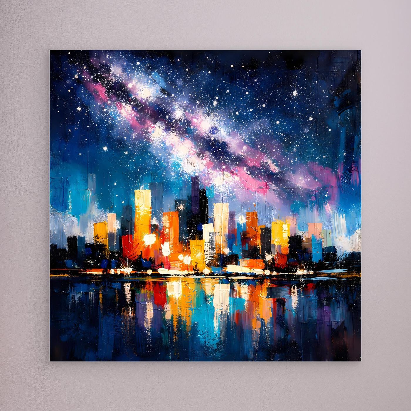 City skyline canvas wall art with Milky Way stars and reflections, no frame