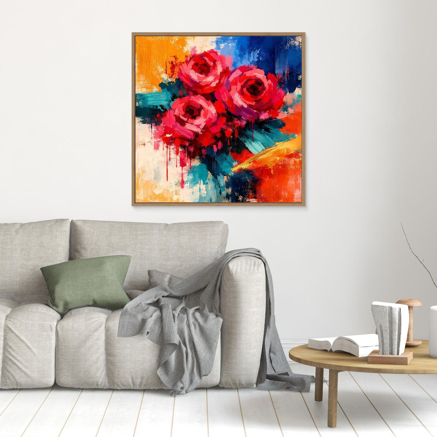 Leinwand-Wandbild mit abstrakten roten Rosen, kleines Motiv, goldbrauner Rahmen