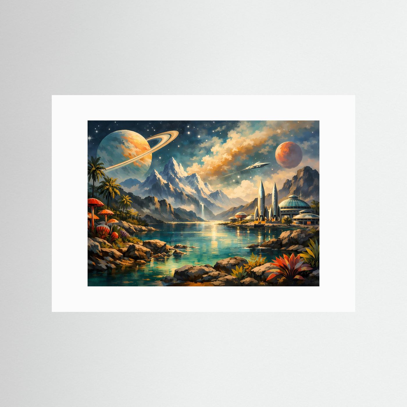 Science-Fiction Landschaft Poster | Futuristische Alien-Welt mit Saturn, Raumstation und Bergen | Sci-Fi Wandbild Fantasy Universum