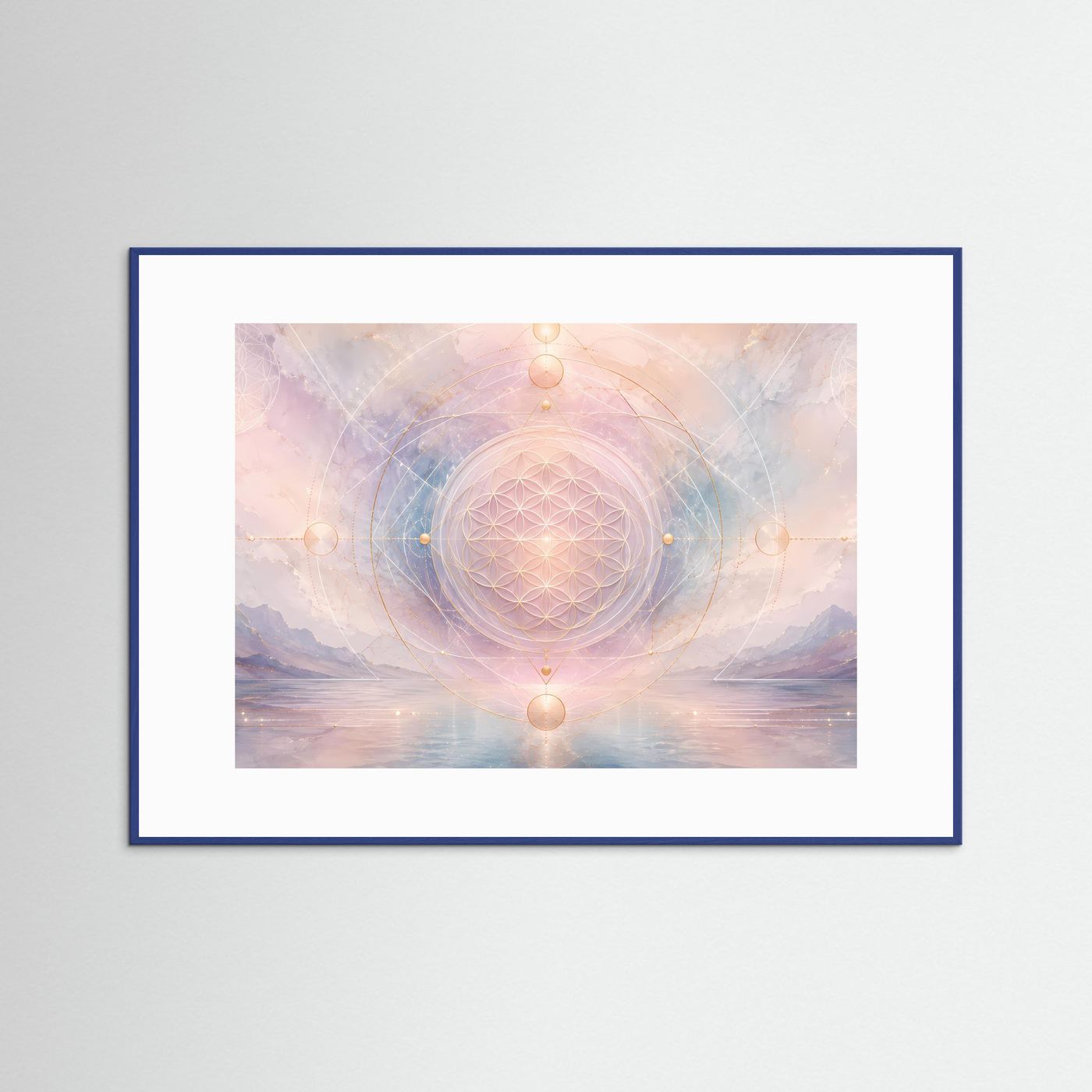 Poster „Blume des Lebens“ im blauen Rahmen mit pastellfarbenem Geometrie-Motiv