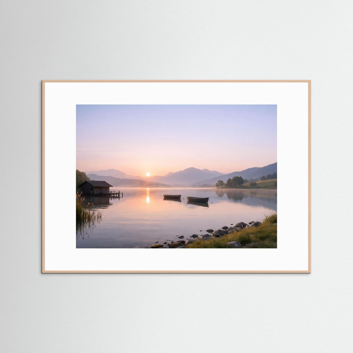 Sanfter Sonnenaufgang am Steg | Boote & See Panorama Poster Querformat
