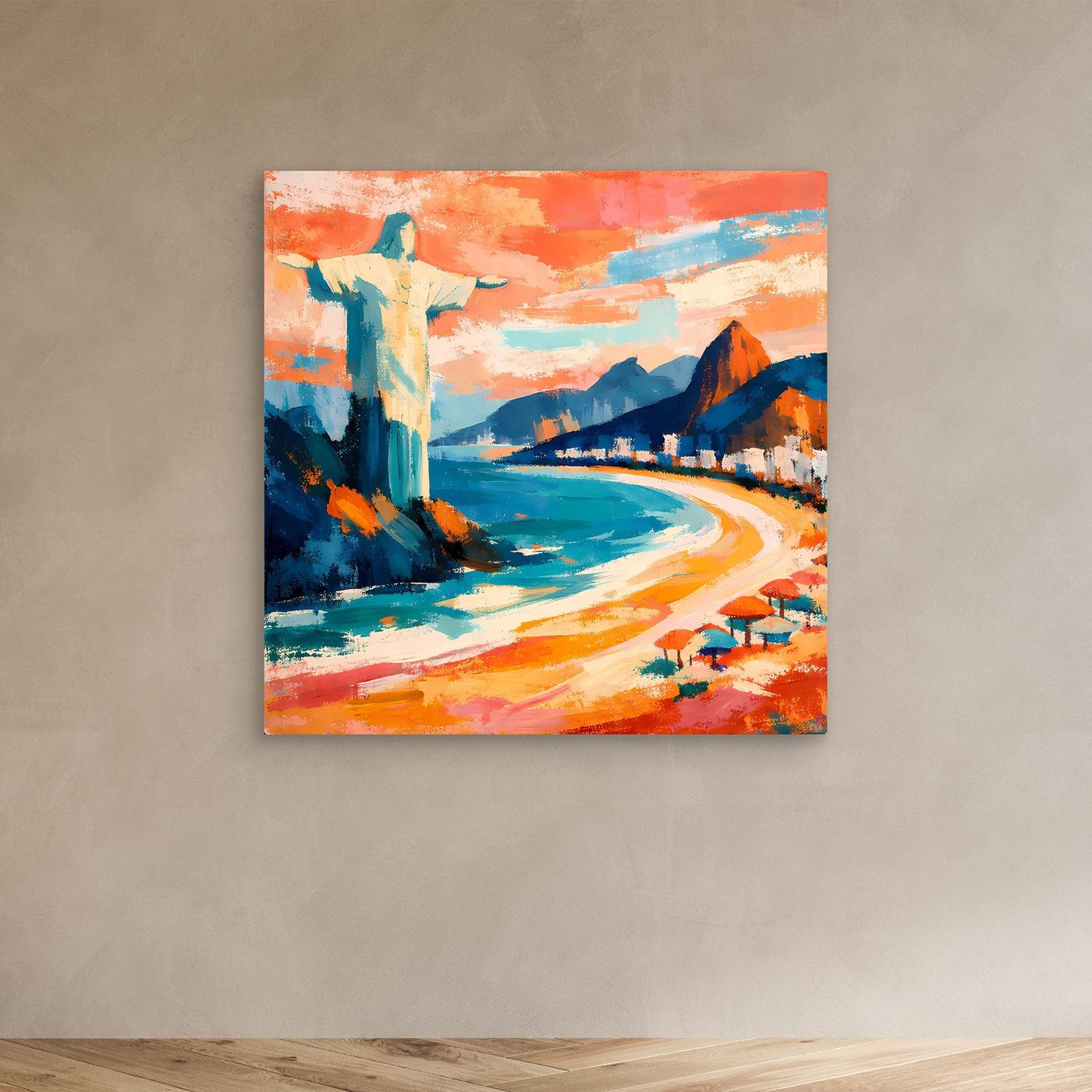 Kleines abstraktes Strand-Wandbild mit graubraunem Rahmen, Meer in Türkis und orangefarbenem Sand