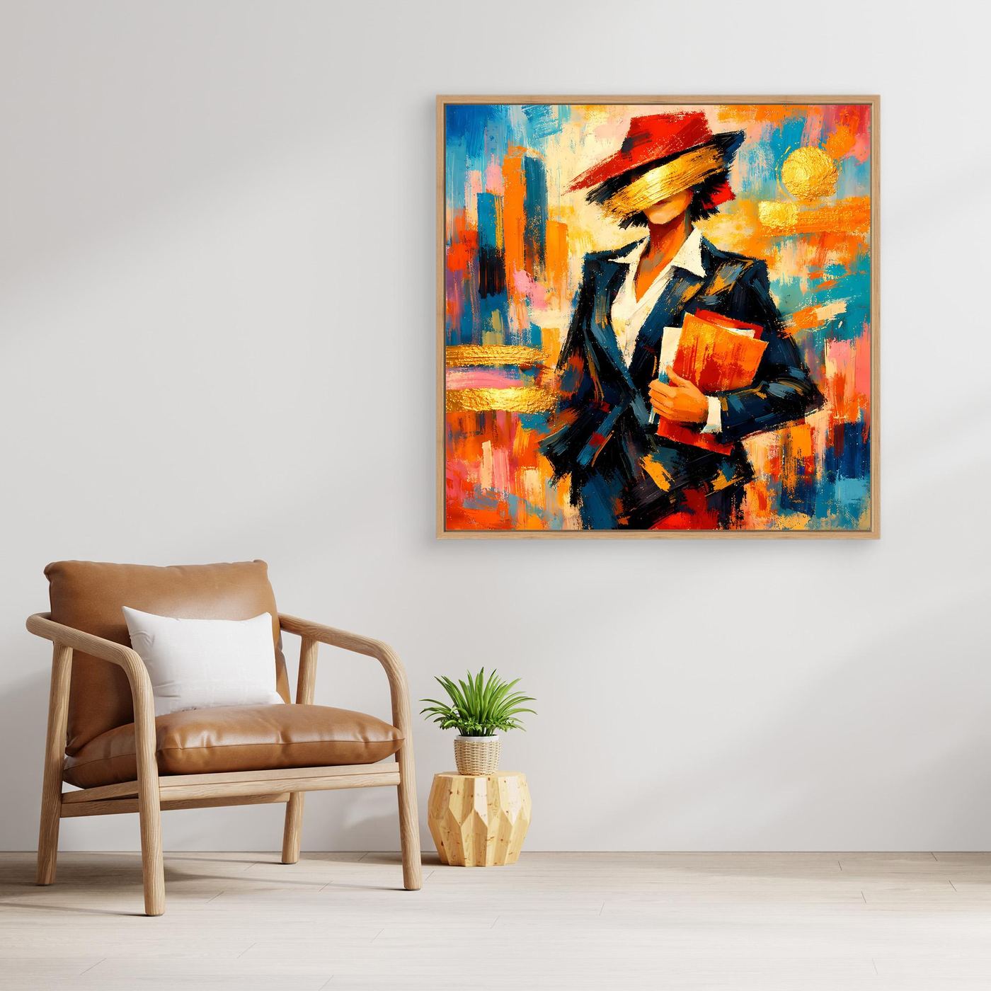 Gerahmtes Leinwandbild mit Frau im Anzug, farbenfrohe Pop-Art-Abstraktion