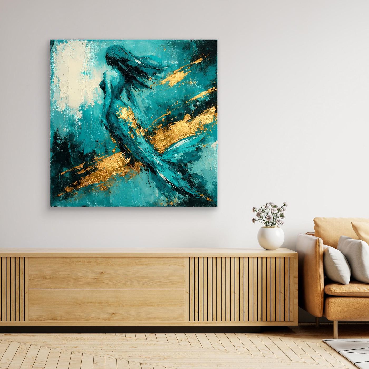 Leinwand Elegante Meerjungfrau in Türkis | Abstraktes Nixen Wandbild Gold Blau