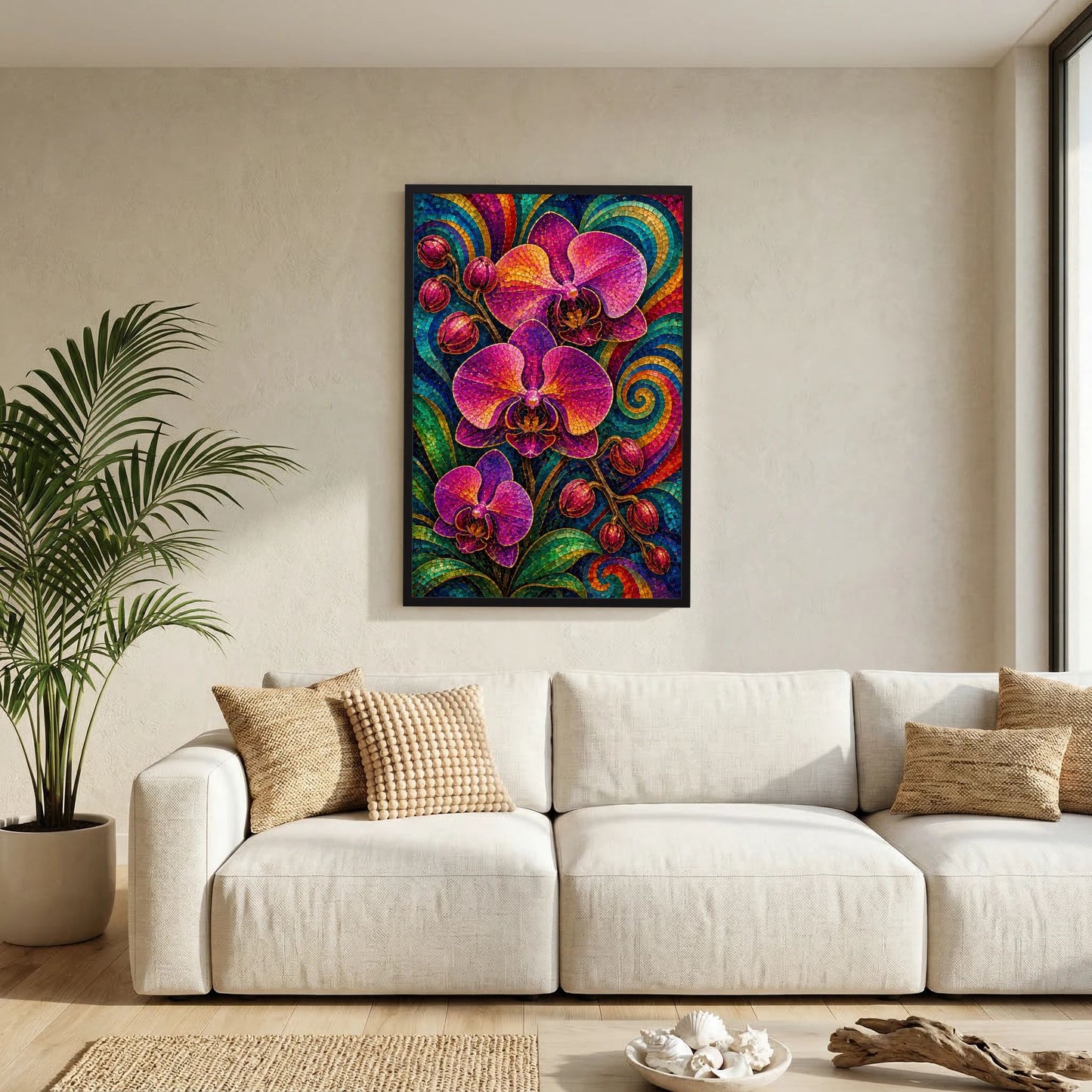 Orchideen-Mosaikposter (Hochformat) mit violetten Orchideen, im schwarzen Rahmen