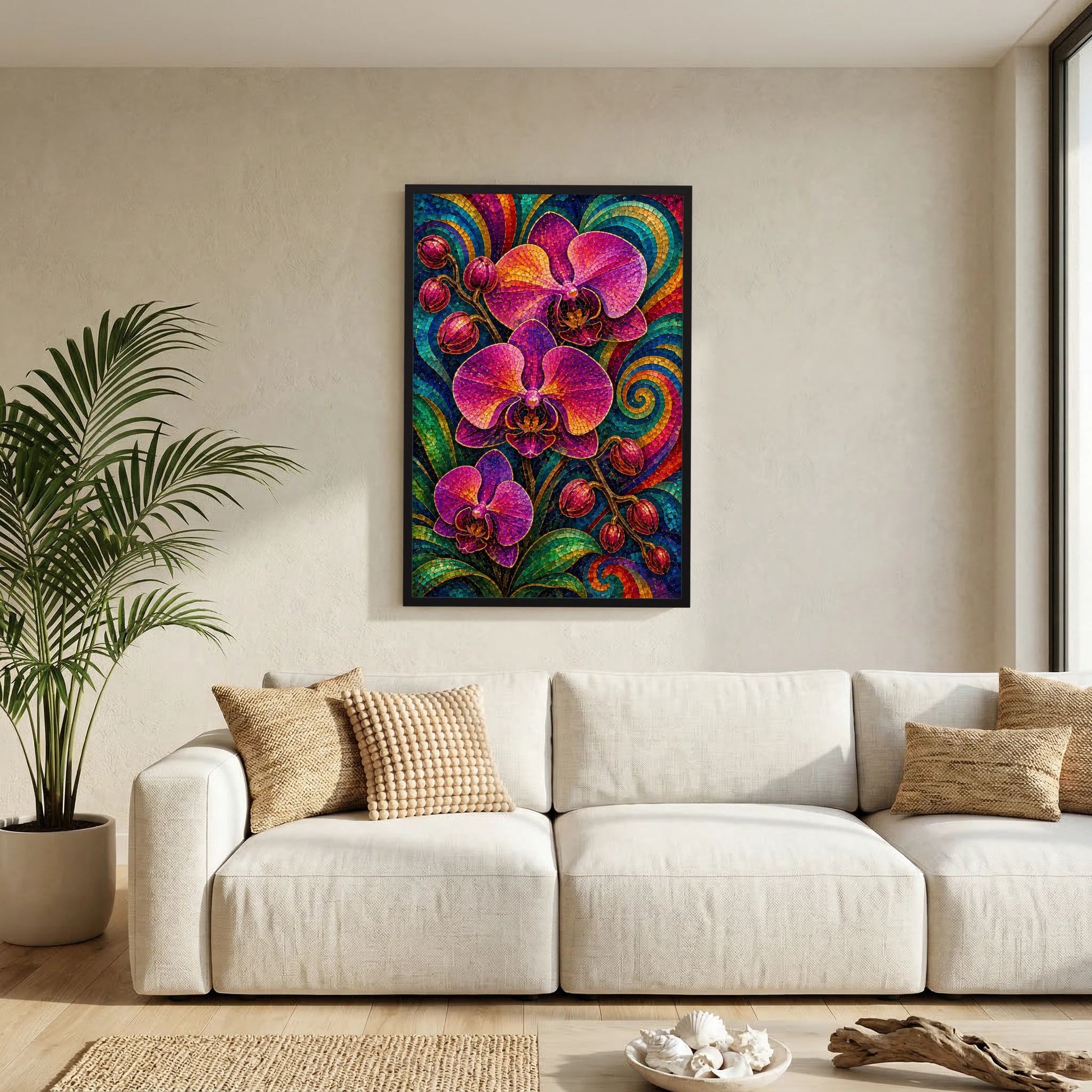 Orchideen-Mosaikposter (Hochformat) mit violetten Orchideen, im schwarzen Rahmen