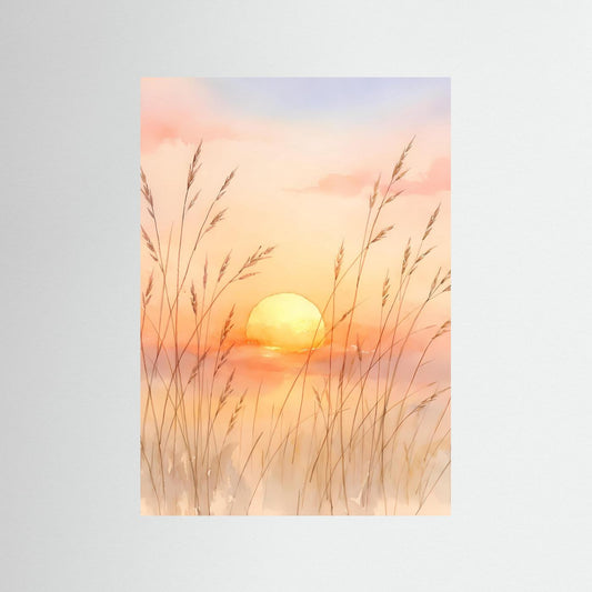 Aquarell-Poster Sonnenuntergang im Gras, ohne Rahmen