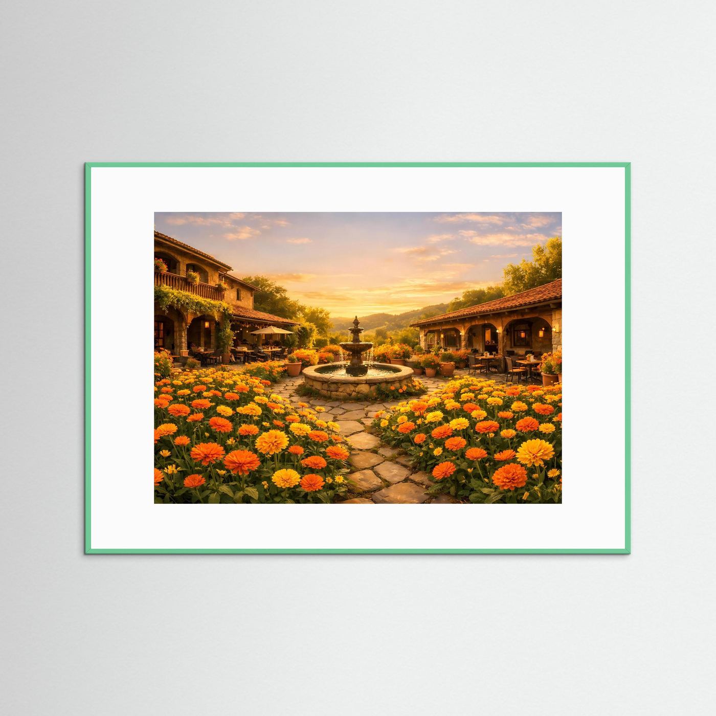 Wandbild mit Rahmen in Grün und weißem Passepartout: Innenhof mit Brunnen und Blumen