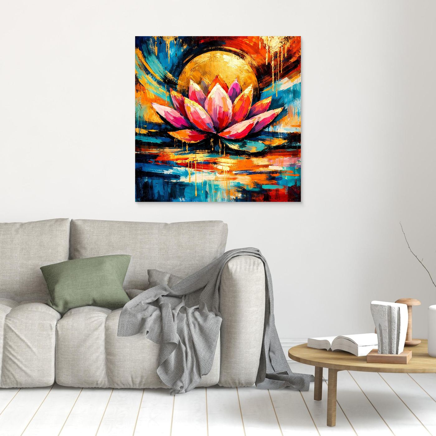 Leinwandbild mit abstrakter Lotusblüte, goldener Kreisform und bunten Farben im braunen Rahmen
