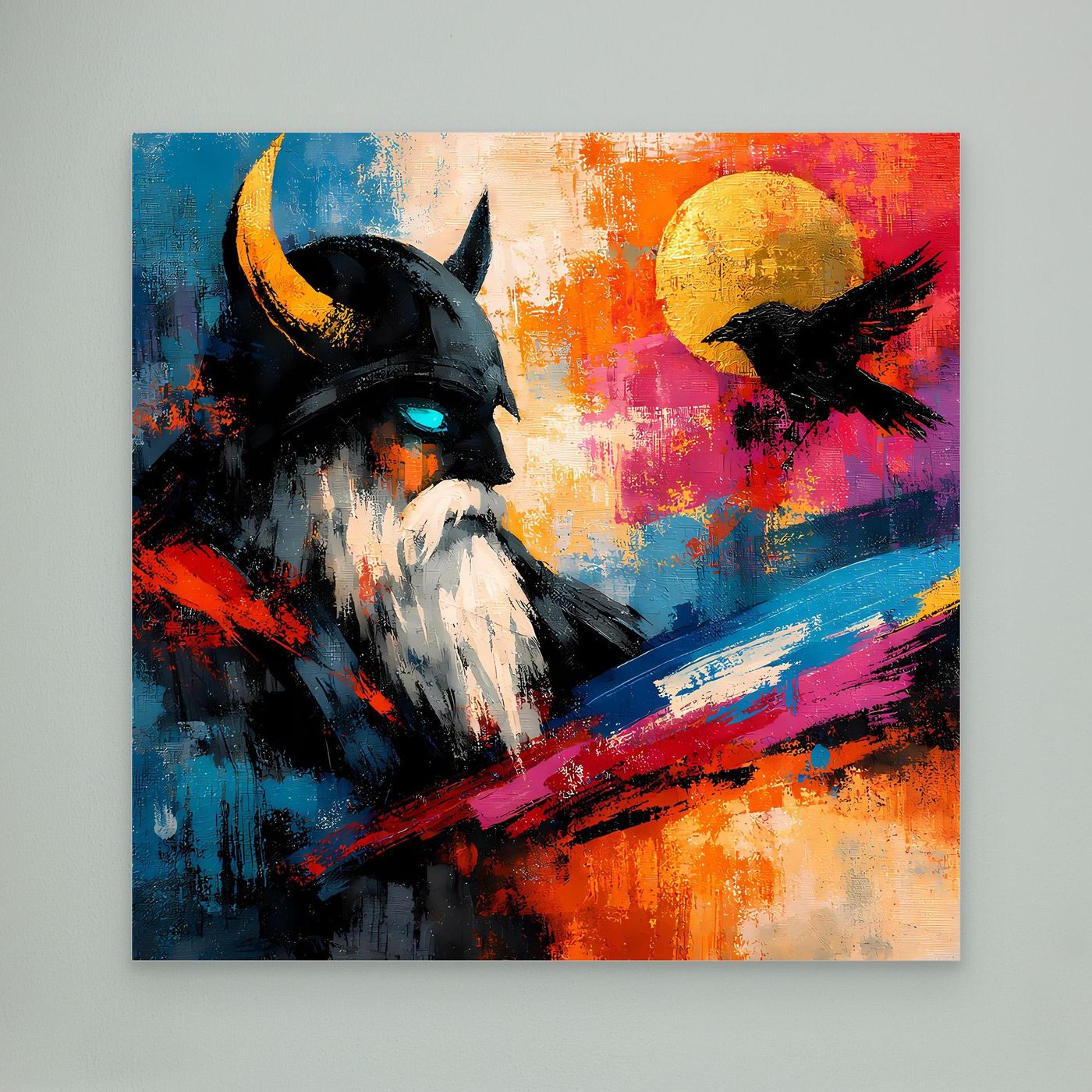 Abstraktes Leinwand-Wandbild mit Odin und schwarzem Rabenmotiv, ohne Rahmen
