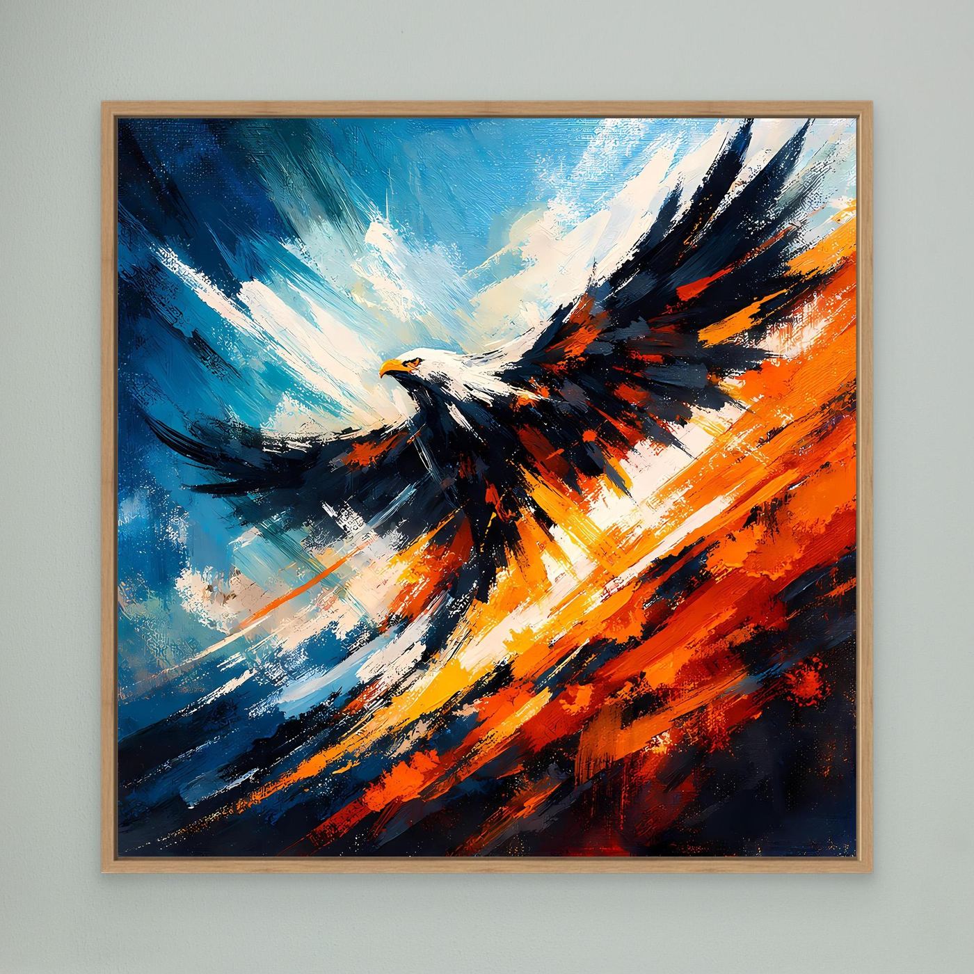 Abstraktes Leinwand-Wandbild mit Adler im Flug, blau-orange Pinselstriche, Eichenrahmen