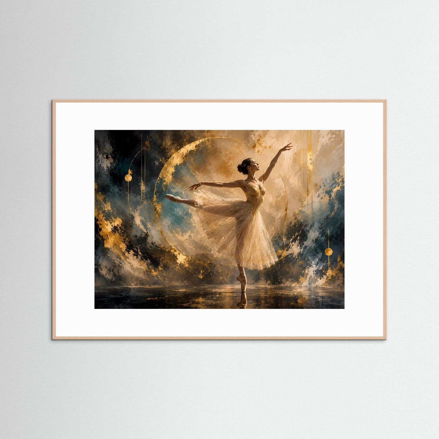 Poster mit gold-blauer Ballerina, im naturfarbenen Holzrahmen