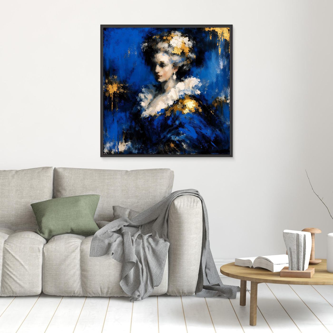 Leinwand Elegante Barock-Dame in Blau und Gold | Abstraktes Porträt Wandbild