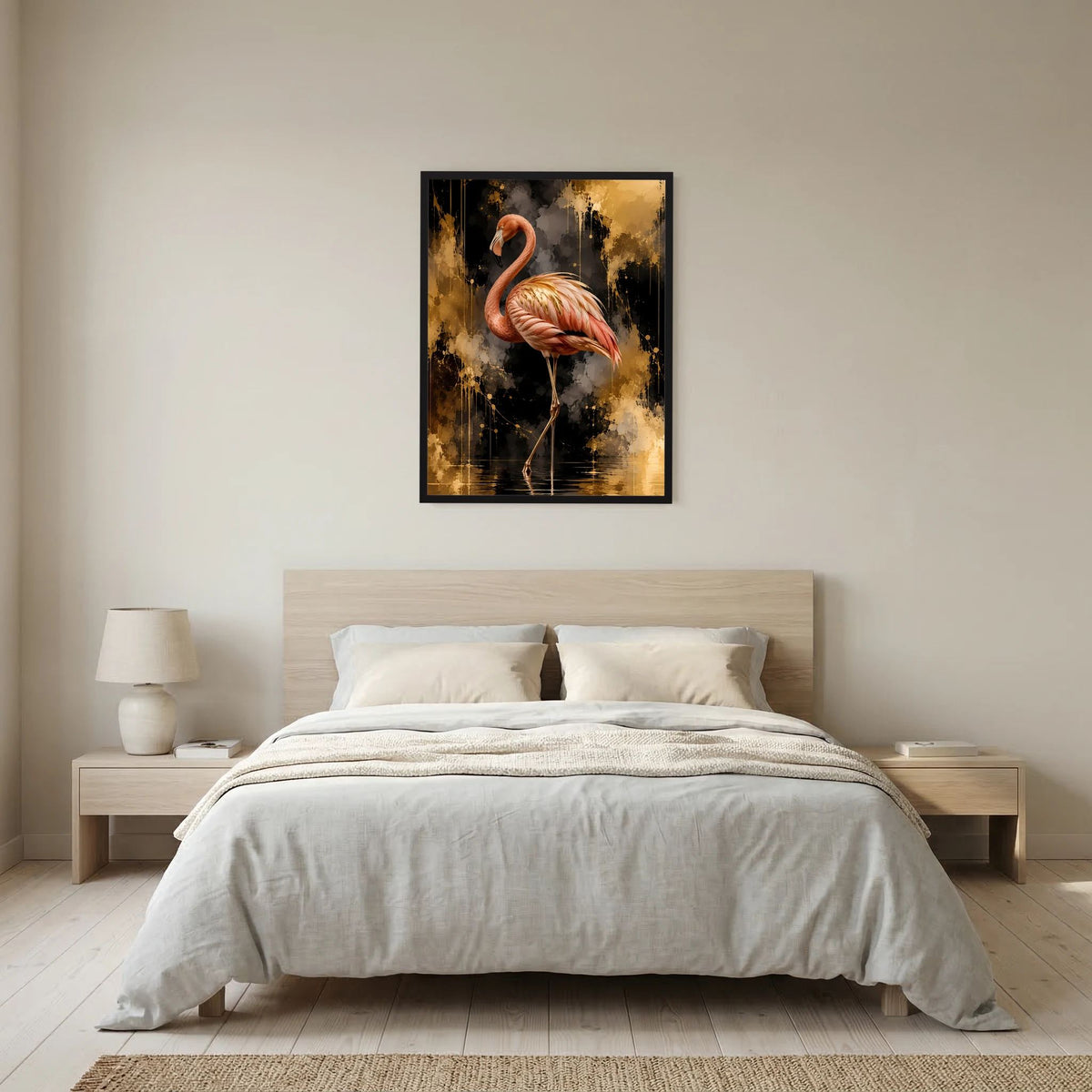 Poster im Hochformat mit Flamingo vor gold-schwarzem, abstraktem Hintergrund