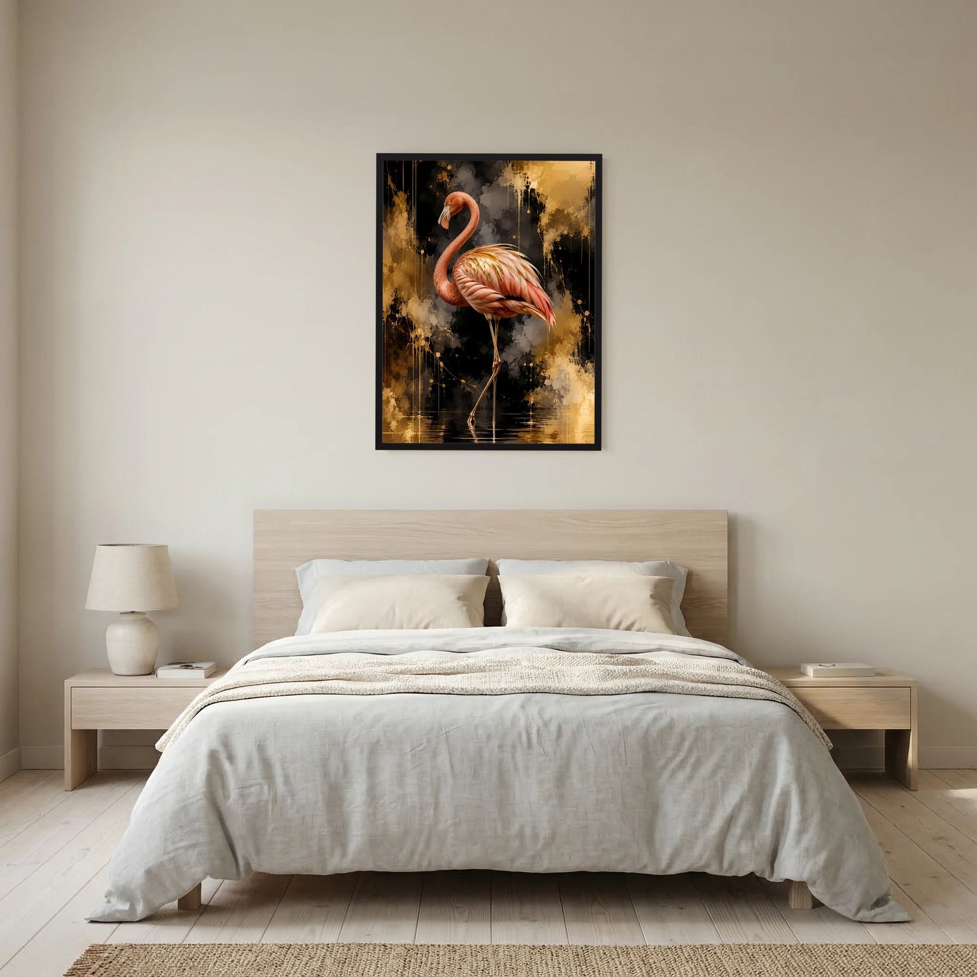 Poster im Hochformat mit Flamingo vor gold-schwarzem, abstraktem Hintergrund