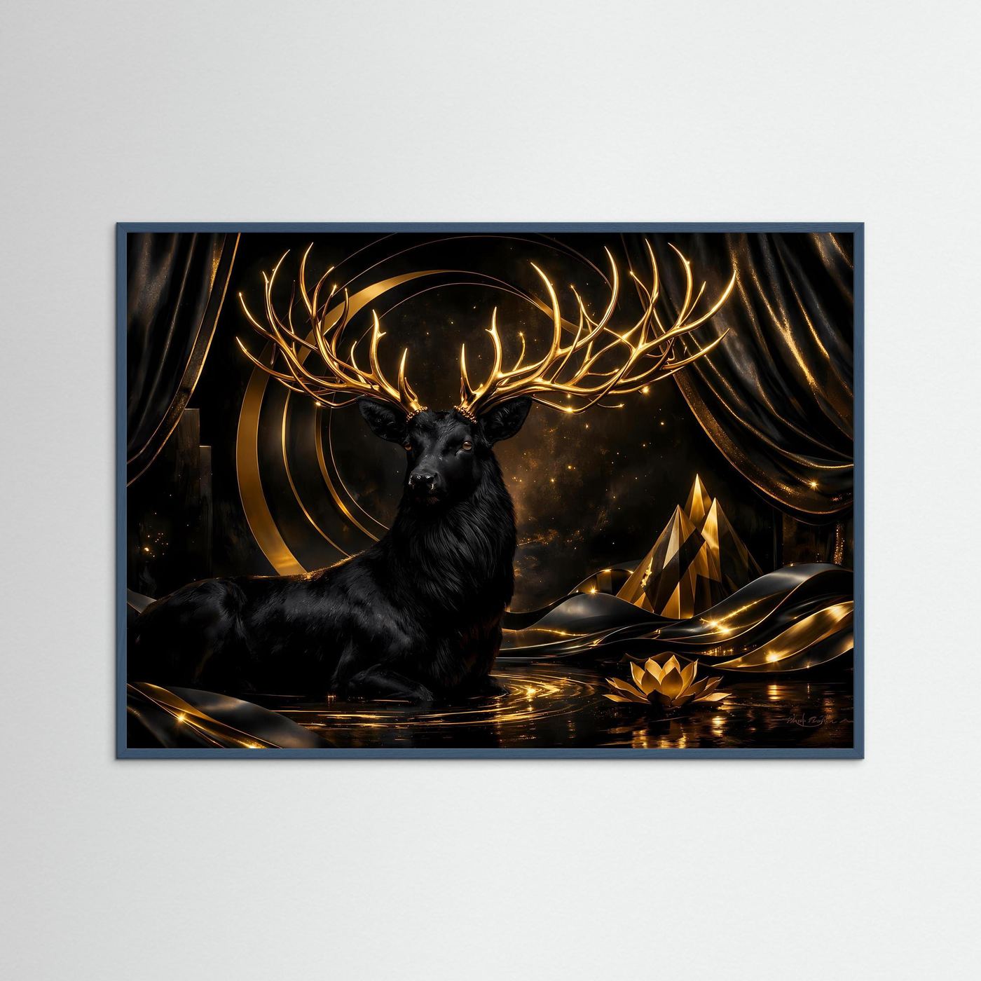Poster Schwarzer Hirsch mit Goldenem Geweih | Majestätisches Abstraktes Wandbild