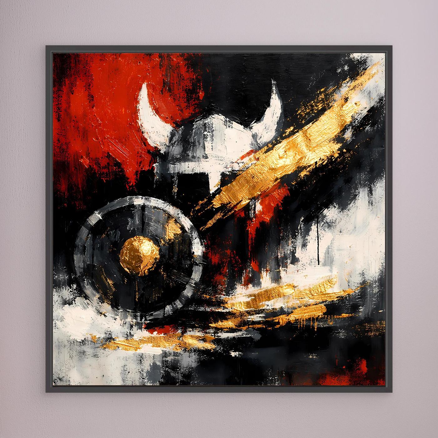 Leinwand-Wandbild mit abstraktem Helm, Wikingerschild mit goldfarbenem Mittelpunkt, dunkel gerahmt