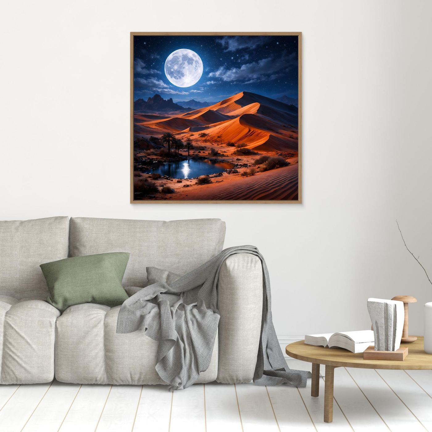 Wandbild mit Mond und Dünenlandschaft, orangefarbene Sandhügel, brauner Rahmen