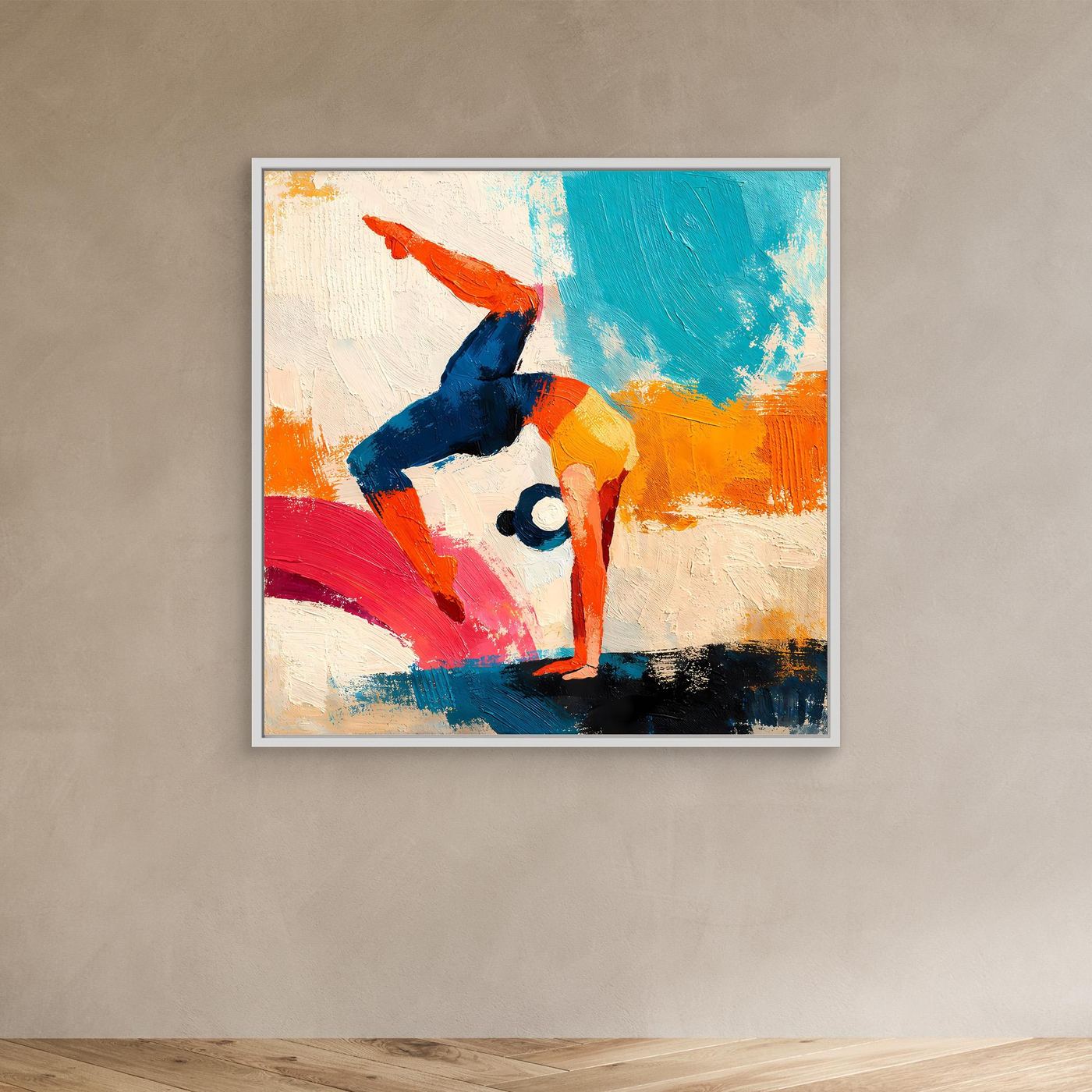 Light-framed abstract yoga handstand canvas with blue, orange, red and teal dynamic figure