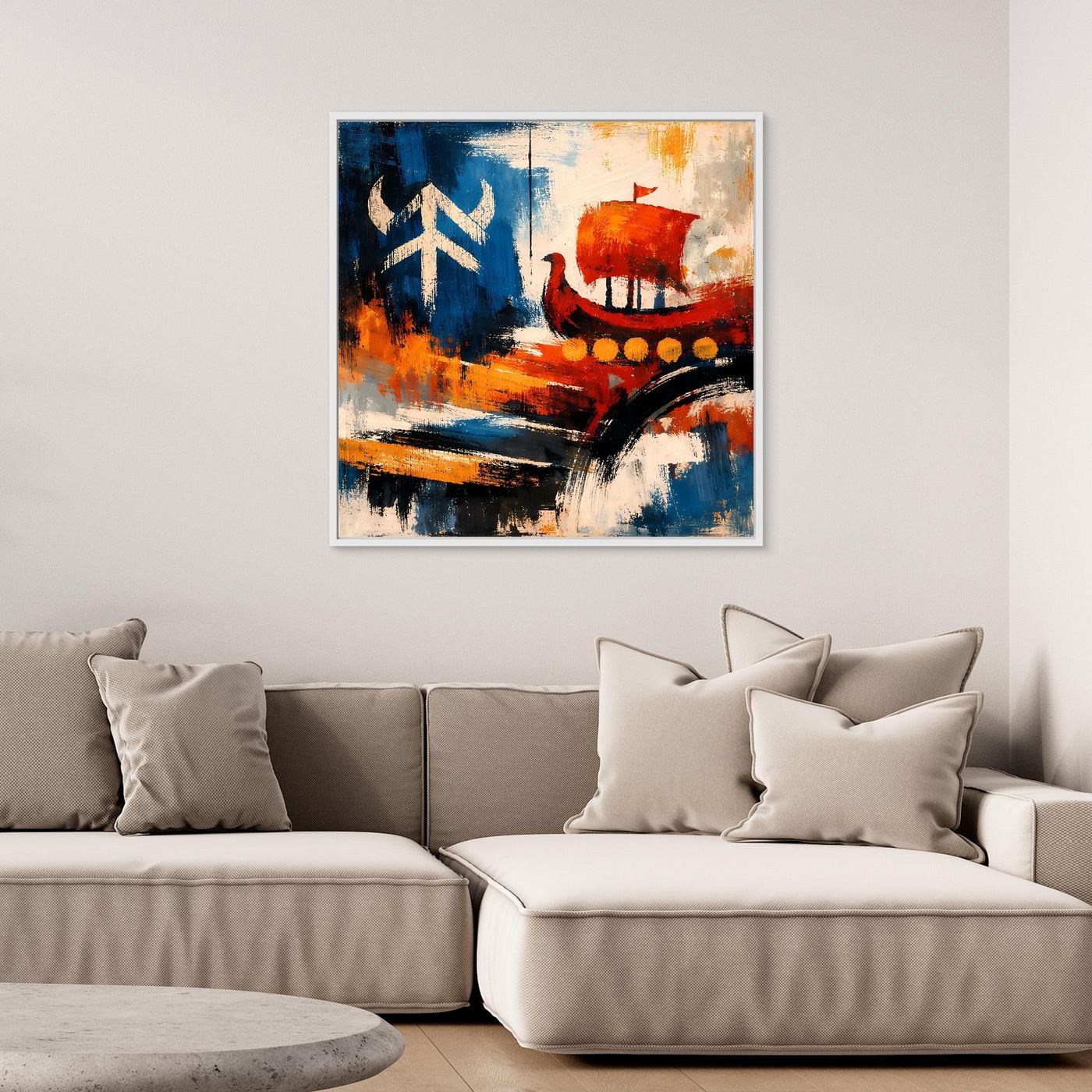 Leinwandbild zeigt abstraktes Wikingerschiff in Blau und Rot mit Segel und Bug