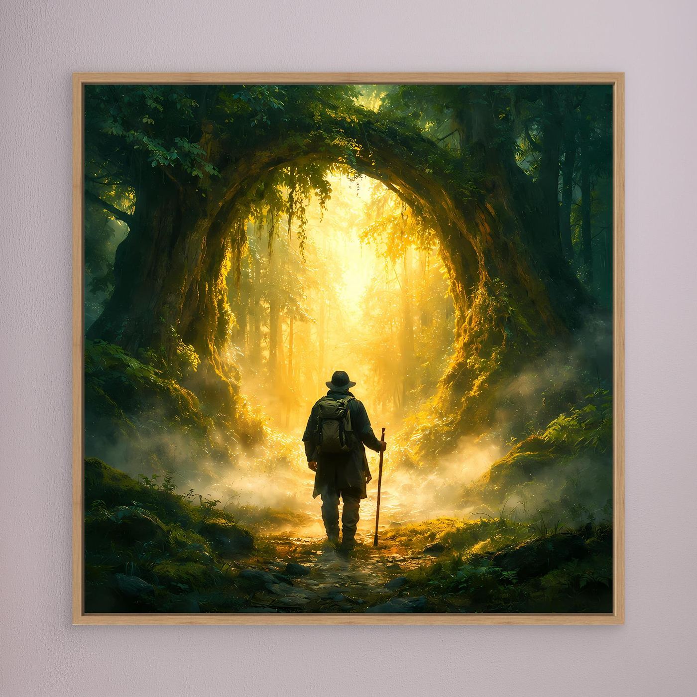 Leinwand Mystischer Wanderer am Waldportal | Abstraktes Natur Zauberwald Wandbild