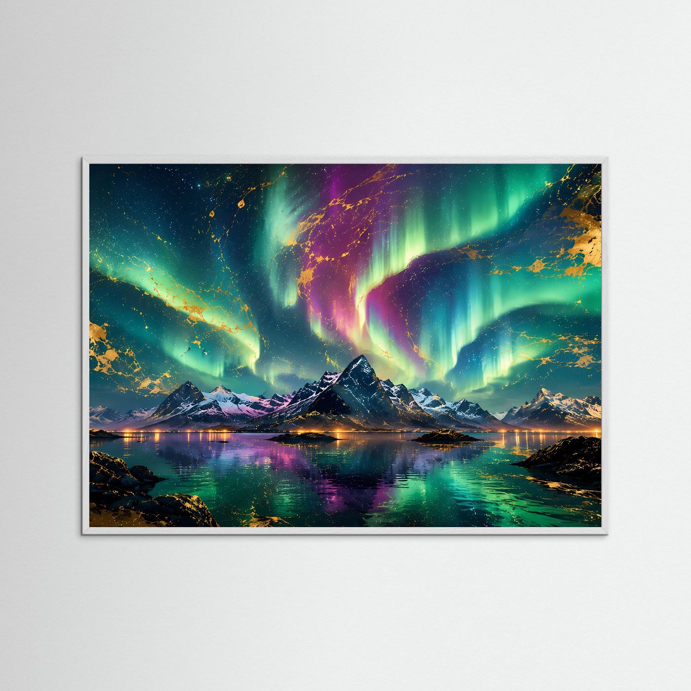Nordlichter Poster | Aurora Borealis über Bergen | Abstrakte Landschaftskunst mit Gold | Polarlichter Wandbild | Premium Leinwand & Moderne Wall Art