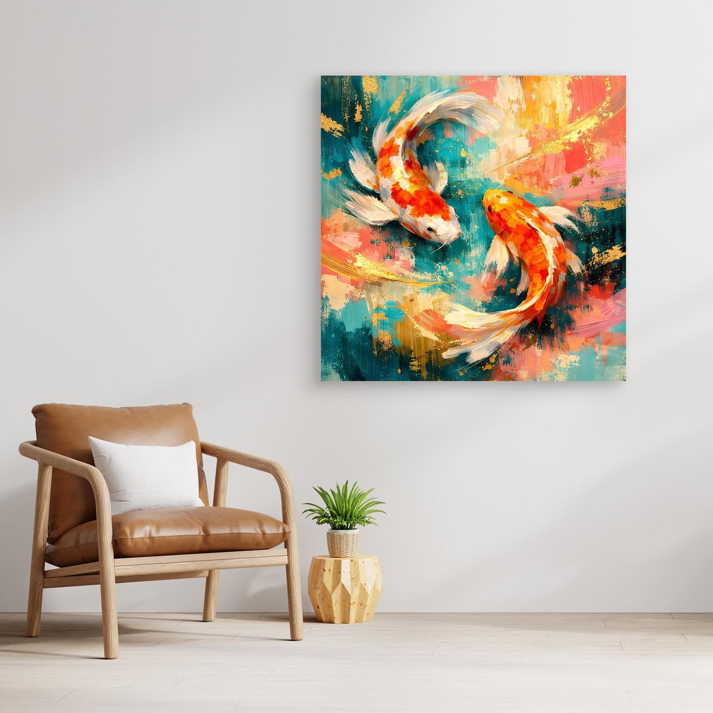 Abstraktes Leinwandbild mit zwei Koi-Fischen in Blau, Orange und Gold