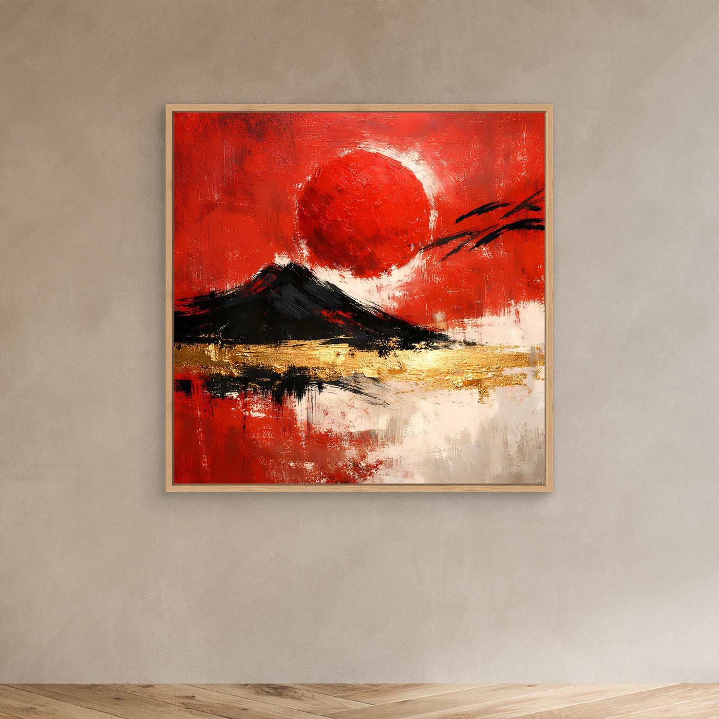 Leinwand Abstraktes Japan Wandbild in Rot und Gold | Modernes Fuji & Rote Sonne Gemälde