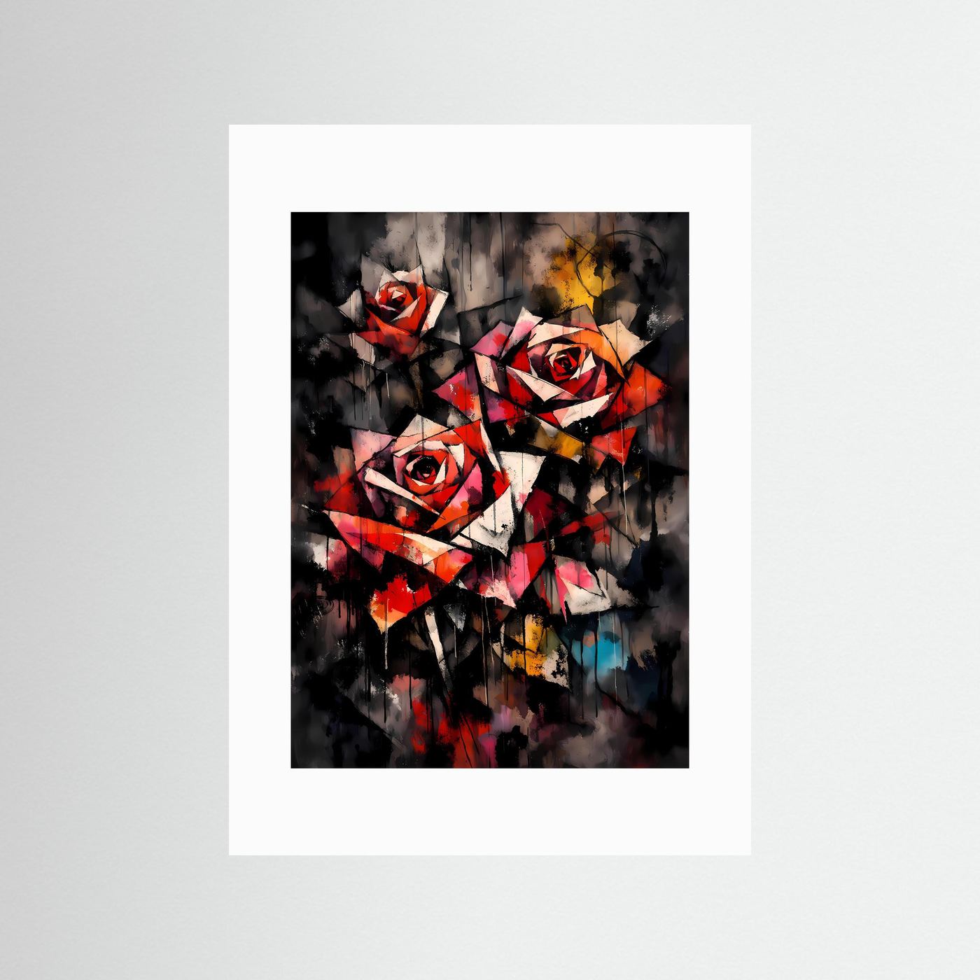 Ewige Eleganz | Abstraktes Rote Rosen Poster im geometrischen Kubismus-Stil | Modernes Blumen Kunstposter Hochformat